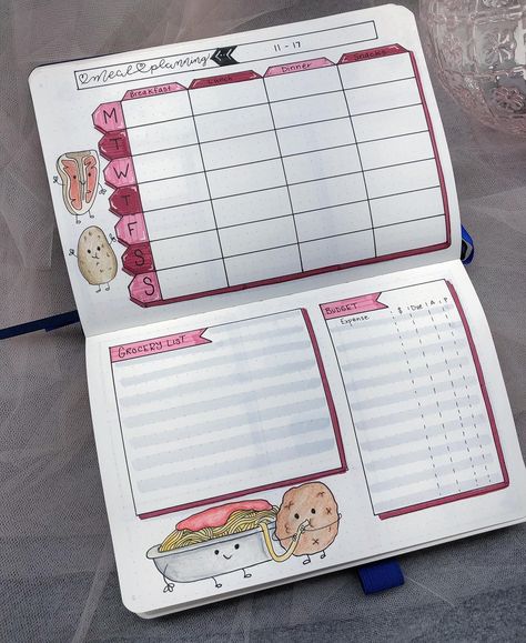 Planner Food Meal Planning, Bullet Journal Meal Ideas, Meal Plan Journal Layout, Meal Prep Journal Layout, Bujo Meal Plan, Bujo Meal Planner, Meal Tracker Bullet Journal, Bujo Meal Planning, Bullet Journal Food Log