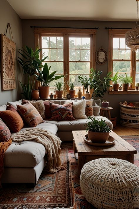 Earthy Boho Living Room, Cosy Living Room Decor, Warm Living Room Decor, Earthy Homes, Nature Inspired Living Room, Cozy Living Room Decor Ideas, Earth Tone Living Room, Boho Living Room Inspiration, Cozy Eclectic