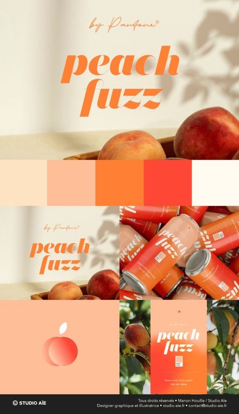 Identité visuelle et packaging de boisson | Peach Fuzz Pantone | Studio Aïe businesslogodesign #logocollection #massagetherapistbrand #creativelogodesign🗓️. Peach Graphic Design, Restaurant Logo Design Ideas Simple, Peach Branding, Peach Packaging, Chinese Restaurant Logo, Artist Logos, Insta Logo, Food Brand Logos, Organic Food Logo