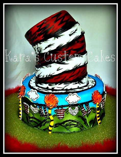 Dr. Seuss Baby Shower Cake Dr Suess Cakes, Cat In The Hat Cake, Dr Seuss Cake, Dr Seuss Birthday Party, Hat Cake, The Cat In The Hat, Topsy Turvy, Custom Wedding Cakes, Cat In The Hat