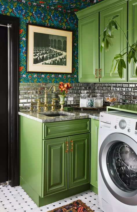 'Jewel box' laundry rooms are the secret to a more cheerful home | Livingetc Laundry Room Green, Eclectic Laundry Room, Laundry Room Interior, Laundry Room/mud Room, Green Laundry, Room Green, Laundry Room Inspiration, Small But Mighty, Green With Envy