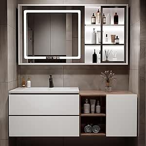 High QLO Bathroom Vanity - 48'' Floating Bathroom Vanities with Sink Includes Stylish Minimalist Design & Two Large Drawers | Smart Mirror Cabinet Mirror Cabinet Bathroom, Slate Countertop, Makeup Vanities, Makeup Vanity Set, Floating Bathroom Vanities, Smart Mirror, Bathroom Shop, Mirror Cabinet, Stylish Bathroom