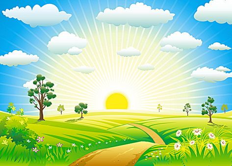 Country style Beautiful Scenery Drawing, Sun Background, Sunrise Wallpaper, Morning Sunrise, Cartoon Background, Summer Landscape, Natural Scenery, Kids Wallpaper, Nature Landscape