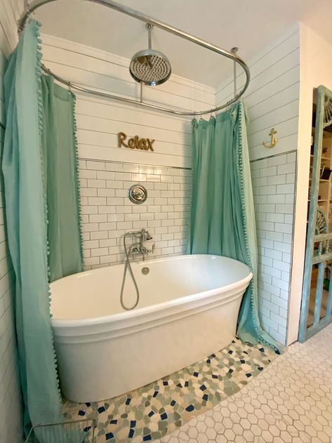 Rain Shower Tub Combo, Main Bathroom Ideas Farmhouse, Small Bathroom Renovation Ideas With Tub, Clawfoot Tub Bathroom Tile Wall, Free Standing Tub With Shower Curtain, Free Standing Bathtub Shower Combo, Freestanding Tub Shower Curtain, Freestanding Tub With Shower Combo, Small Bathroom With Stand Alone Tub