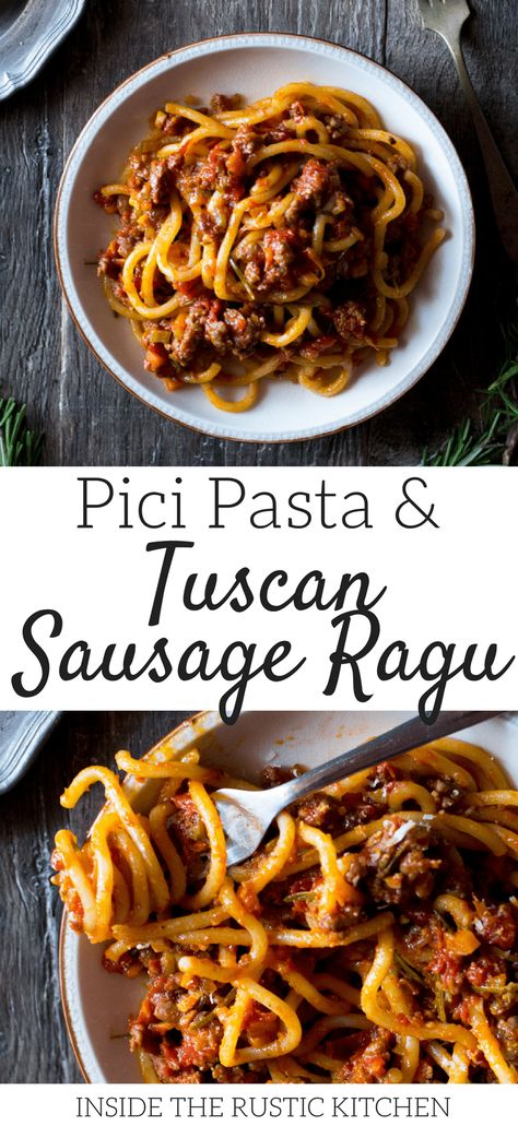 A flavour packed Tuscan sausage ragu made with the best Italian sausages, fennel seeds, red wine and garlic. An easy Italian ragu recipe perfect to make ahead for a weeknight meal or for weekends. Find more Italian pasta recipes and authentic Italian recipes at Inside the rustic kitchen. Italian Ragu Recipe, Italian Ragu, Tuscan Sausage, Pici Pasta, Sausage Ragu, Italian Sausages, Tuscan Recipes, Ragu Recipe, Italian Sausage Recipes