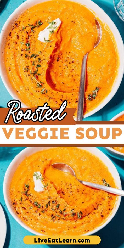 Image of the roasted veggie soup Healthy Vegetables Soup Recipes, Soup Roasted Vegetable, Veggie Soup Vegan, Clear Veggie Soup, Veggie Soups And Stews, Healing Vegetable Soup, Vegan Roasted Tomato Soup, Creamy Roasted Veggie Soup, Vegetable Based Soups