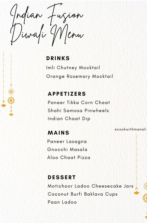 Menu Indian Restaurant, Indian Wedding Dinner Menu Ideas, Diwali Menu Design, Indian Fusion Food Ideas, Diwali Menu Ideas, Indian Wedding Menu Ideas, Diwali Dinner Menu Ideas, Indian Dinner Party Menu Ideas, Indian Dishes Vegetarian