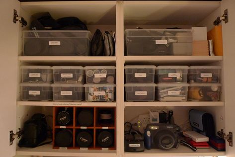 Camera Cabinet: ORGANIZED | We've accumulated quite a bit mo… | Flickr Organize Camera Equipment, Camera Storage Organizing, Filmmaker Office, Camera Cabinet, Photography Gear Organization, Camera Equipment Storage, Photography Gear Storage, Photography Equipment Storage, Camera Gear Photography Equipment