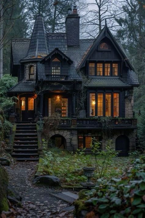 Victorian Fall House, Victorian Homes In The Woods, Cottage Core Architecture, Victorian House In The Woods, Goth Farmhouse Exterior, English Gothic House, Spooky Mansion Aesthetic, Witchy House Aesthetic Exterior, Fall Victorian House