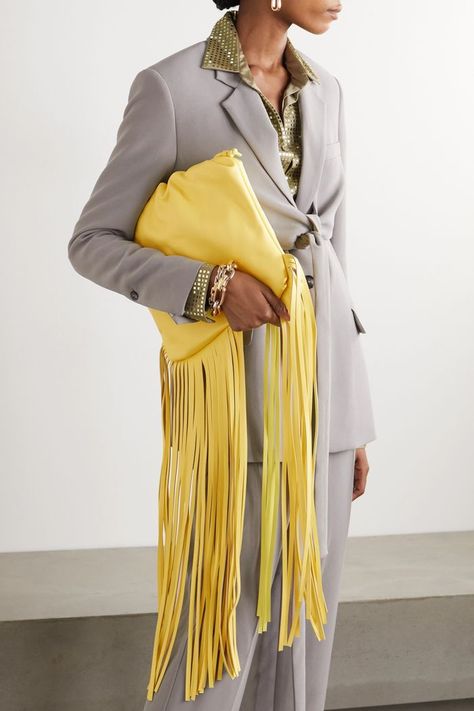 Bottega Veneta Fringe Gathered Leather Shoulder Bag Fringe Bag Outfit, Leather Fringe Bag, Fringe Bags, Style Inspiration Fall, Fashion People, Yellow Leather, Best Fashion, Cozy Knits, Wool Cardigan