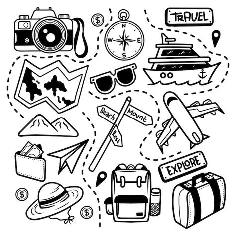 Doodle travel explore line art vector is... | Premium Vector #Freepik #vector #tour #tourism #trip-icon #travel Travel Cartoon Illustration, Doodle Travel, Country Drawings, Adventure Illustration, Travel Cartoon, Whiteboard Ideas, Travel Symbols, Travel Doodles, Library Work