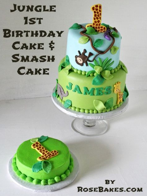 Gâteau jungle & smash cake - le petit gâteau en plus que l'enfant peut détruire !! Jungle Cake & Smash Cake - Rose Bakes Jungle 1st Birthday, Jungle Theme Cake, Jungle Birthday Cakes, Smash Cake First Birthday, Jungle Cakes, Cake Smash Cake, Jungle Theme Cakes, Rodjendanske Torte, Cake Roses