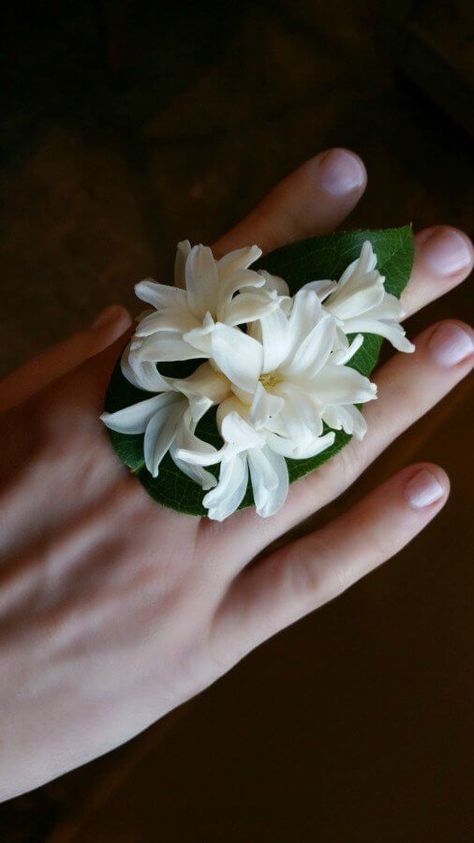 The Ring Corsage: How Cute Is THIS?! Corsage Alternatives, Corsage Ring, Corsage Simple, Ring Corsage, White Hyacinth, Modern Bouquet, Wrist Corsages, Ribbon Lei, Gold Leaf Rings