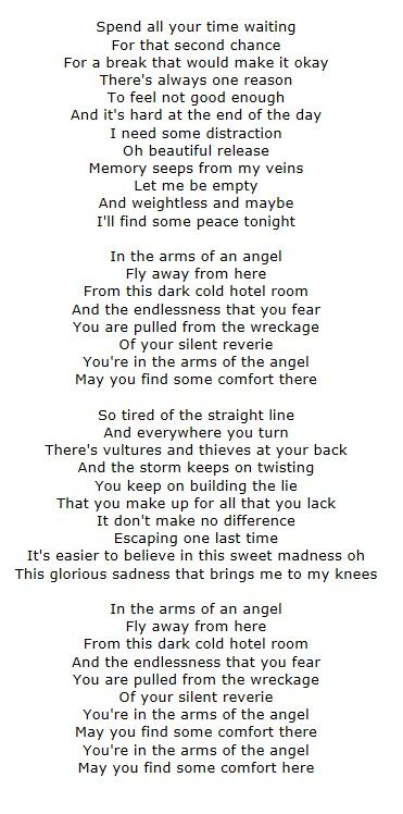 'Angel' lyrics - Sarah McLachlan.  So beautiful and moving. Sarah Mclachlan Lyrics, Angel Song, Sarah Mclachlan, Hymns Lyrics, 3 Man, Great Song Lyrics, Song Words, Song Lyric Quotes, Favorite Lyrics