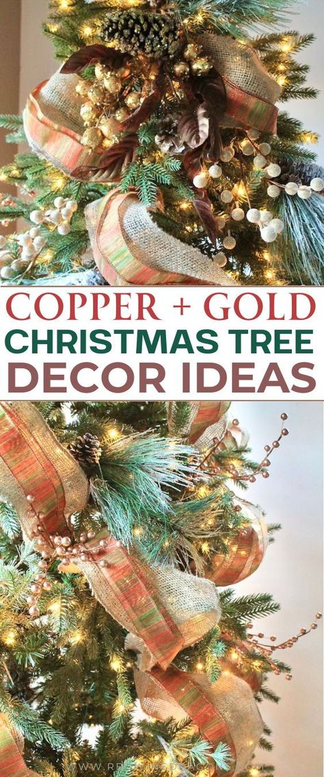 Warm metallic tones in copper and gold steal the show in these simple winter wonderland Christmas tree ideas you can use to decorate a  most elegant tree! #winterwonderlandchristmastree #christmastreedecorideas #christmastreedecorations #decoratedchristmastree #goldchristmastreedecor #copperchristmastreedecor #rosegoldchristmastreedecor Christmas Tree Ideas Victorian, Diy Copper Christmas Decor, Rust Colored Christmas Tree, Gold And Copper Christmas Tree, Copper And Gold Christmas Tree, Copper Christmas Tree Color Schemes, Gold Christmas Tree Decor, Copper Christmas Tree, Metallic Christmas Tree