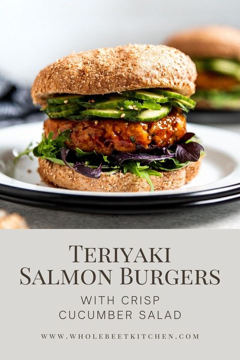 Salmon Burger Toppings, Grilled Salmon Burgers, Salmon Burger Recipe, Salmon Burger, Fish Burger, Teriyaki Glaze, Fresh Salmon, Teriyaki Salmon, Salmon And Rice