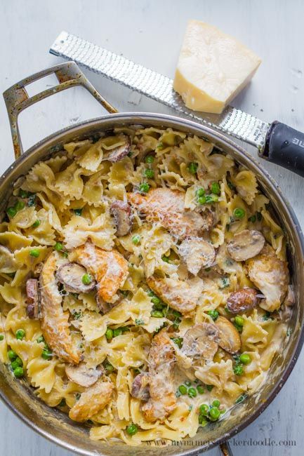 Here is a tasty recipe for One Pan Chicken and Peas Creamy Pasta. Comes together in under 30 minutes and perfect for a weeknight meal! | mynameissnickerdoodle.com Chicken And Peas, Alpha Gal, Chicken And Pasta, One Pan Chicken, Pan Chicken, Creamy Pasta, One Pan, Cheat Sheets, One Pot Meals