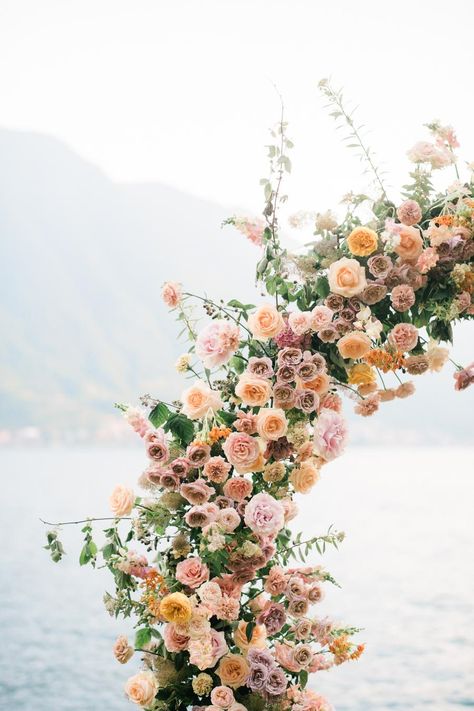 Lake Como Flowers, Lake Como Ceremony, Wedding Grounded Floral Arch, Mountain Flower Arch, Romantic Italian Wedding, Get Prettier, Wedding Ceremony Lake Como, Addison Grove, Beige Theme