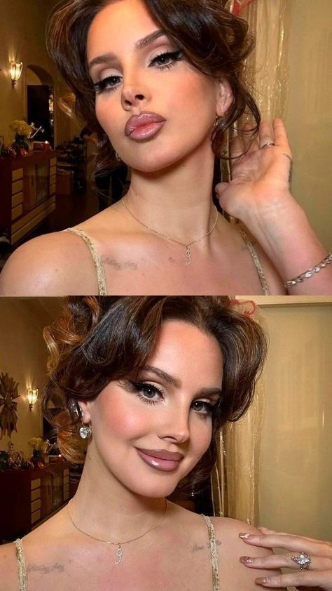 Lana Del Rey Eyeshadow, Lana Del Rey Wedding Makeup, Romantic Sultry Makeup, Iconic Celeb Makeup Looks, Celebrity Hooded Eyes, Glam Simple Makeup, Elegant Formal Makeup, Lana Eye Makeup, Lana Del Rey Updo