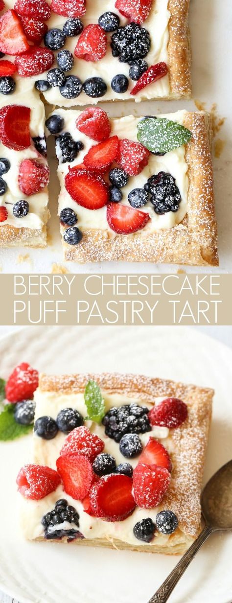 Pastry sheets with a mascarpone cheesecake filling and topped with your favorite berries. The perfect combination of flavors. #puffpastry #pastry #berry #cheesecake Strawberry Mascarpone Tart, Berry Tarts Recipe, Fruit Torte Recipe Berries, Berry Tart Recipe Easy, Berry Recipes Dessert, Puff Pastry Mascarpone, Desserts With Marscapone, Puff Pastry Fruit Tart, Fruit Tarts Recipe Dessert