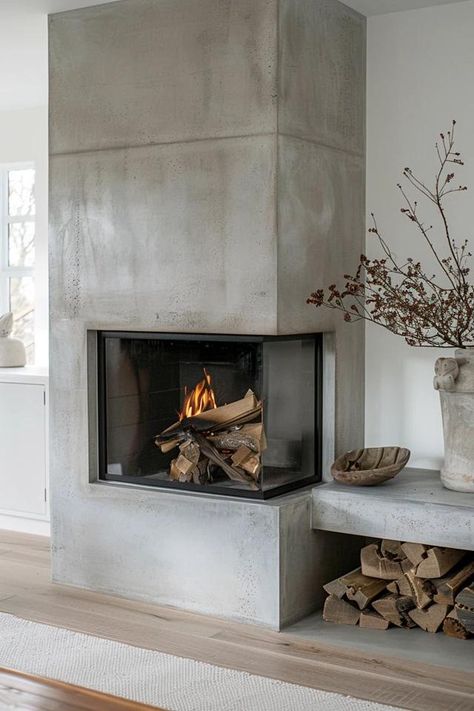 Chic Off Center Fireplace Design Ideas for Your Home Concrete Finish Fireplace, Fireplace Concrete Hearth, Fireplace Contemporary Design, Concrete Hearth Fireplace, Off Centered Fireplace Ideas, Double Sided Fireplace Ideas, Concrete Outdoor Fireplace, Off Center Fireplace, Fireplace Contemporary