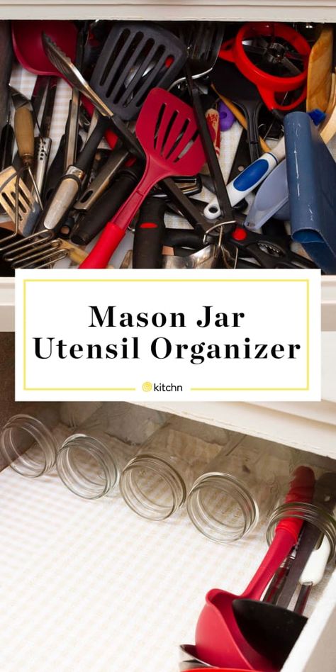 Diy Utensil Organizer, Organize Kitchen Drawers, Mason Jar Storage, Utensil Organizer, Organize Kitchen, Utensil Drawer, Kitchen Drawer Organization, Organized Mom, Jar Storage