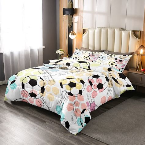 Kids Football Comforter Set Sports Theme Bedding Set for Child Boys Girls Soccer Ball Pattern Duvet Set Breathable Colorful Grunge Style Comforter Geometry Room Decor Duvet Set Ultra Soft Full Size Girls Soccer Bedroom, Girls Sports Room, Girls Sports Bedroom, Soccer Themed Bedroom, Soccer Ball Pattern, Soccer Bedroom, Colorful Grunge, Soccer Room, Bedroom Interior Design Modern