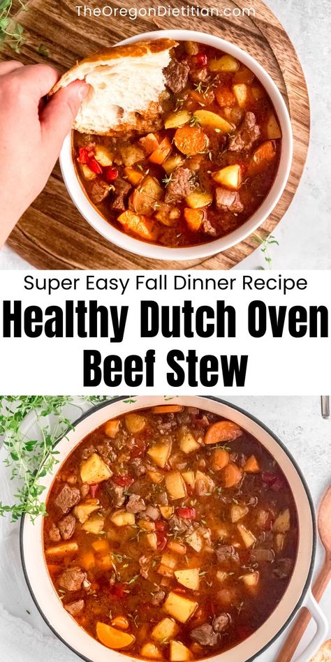 Warm up with this hearty and healthy Dutch oven beef stew! Packed with tender beef, fresh vegetables, and flavorful herbs, this easy recipe is perfect for a comforting family meal. Made with wholesome ingredients and cooked to perfection in a Dutch oven, this stew is nutritious and delicious. Save this recipe for a cozy, satisfying dinner that everyone will love! #dutchovenrecipes #easydinnerrecipes Dutch Oven Beef Stew Recipes, Dutch Oven Soup Recipes, Beef Stew Recipe Oven, Dutch Oven Soup, Beef Stew Healthy, Dutch Oven Beef Stew, Easy Fall Dinner Recipes, Oven Beef Stew, Dutch Oven Beef