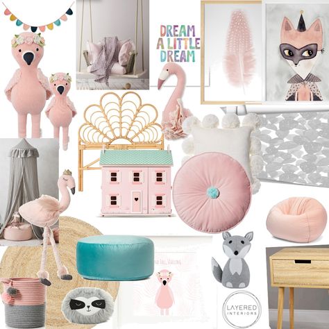 Flamingo Childs bedroom moodboard Girls Flamingo Bedroom, Flamingo Nursery Theme, Flamingo Bedroom Ideas, Bedroom Moodboard Interior Design, Girls Animal Bedroom, Dior Bedroom, Flamingo Room Decor, Bedroom Ideas Girl, Flamingo Bedroom