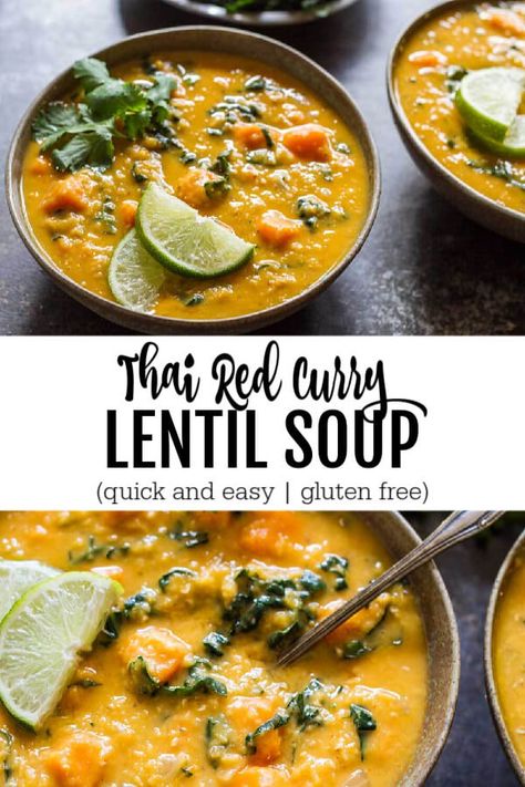 This Thai Red Curry Lentils Soup is a warm, comforting meal that comes together in about 30 minutes. It's full of flavor, hearty and filling, and budget-friendly. Perfect for soup season. #glutenfreerecipe #soup #lentilsoup #thairedcurry #veganrecipes #savorylotus Thai Lentil Soup, Thai Red Lentil Soup, Thai Lentil Curry, Red Curry Lentil Soup, Curry Lentil Soup, Red Curry Lentils, Curry Lentils, Lentils Soup, Curried Lentil Soup