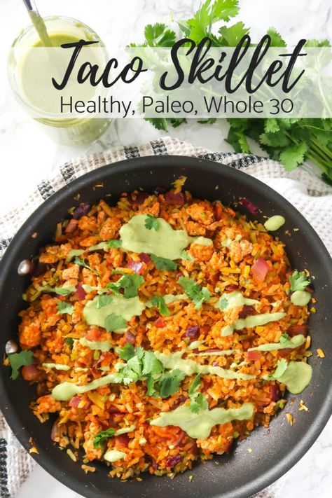 Healthy Taco Skillet (Paleo, Whole 30) Paleo Tacos, Taco Skillet, Healthy Taco, Whole30 Meal Prep, Whole30 Dinner Recipes, Butter Lettuce, Goddess Dressing, Whole30 Dinners, Whole 30 Diet