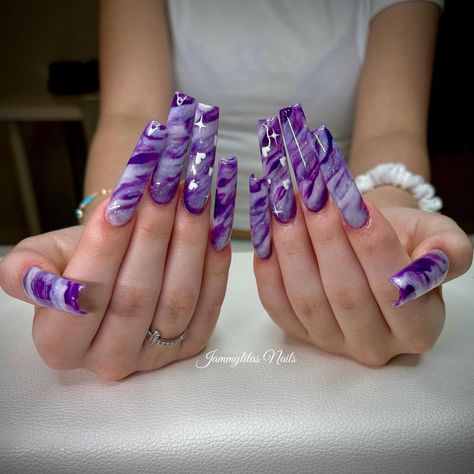 Purple Acrylic Nails Coffin, Dope Nail Designs Purple, Aesthetic Organizing, Freestyle Nails, Multicolored Nails, Purple Acrylic Nails, Tapered Square Nails, Long Acrylic Nail Designs, Purple Acrylic