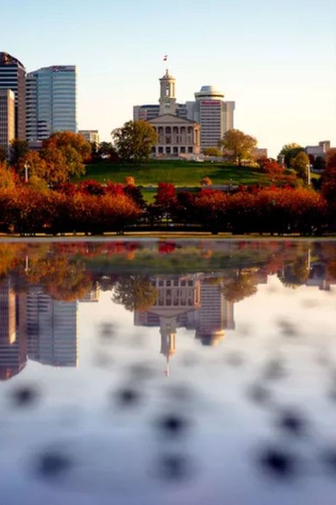 Reflection of Nashville capital building in water with fall foliage trees surrounding the hill. Nashville Fall, Fall Vacations, Space Mountain, Fall Travel, Music City, Art Festival, Best Cities, Virginia Beach, Fall Foliage