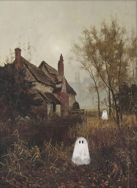 Ghost Painted On Old Paintings, Ghost Vintage Painting, 1970s Horror Aesthetic, Vintage Ghost Illustration, Spooky House Painting, Vintage Ghost Painting, Ghost Painting Aesthetic, Old Halloween, Ghost Landscape