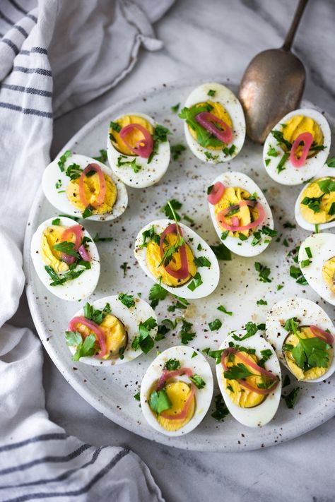 eggs with olive oil, fresh herbs & pickled shallots Eggs Brunch, Easy Hard Boiled Eggs, Make Ahead Brunch Recipes, Boiled Egg Recipes, Hard Boiled Egg Recipes, Pickled Shallots, Good Carbs, Gratin Dish, Spring Recipes