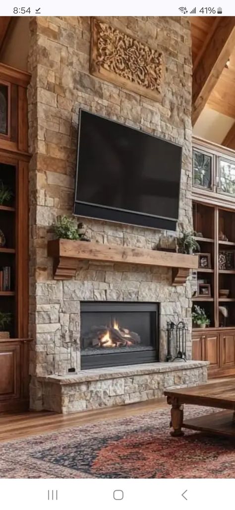 Rock Fireplace With Tv, Tv Rock Wall, Stone Fireplace With Tv, Living Room Stone Fireplace, Fireplace With Cabinets, Recessed Fireplace, Fireplace With Tv, Rustic Homes, Rock Fireplaces