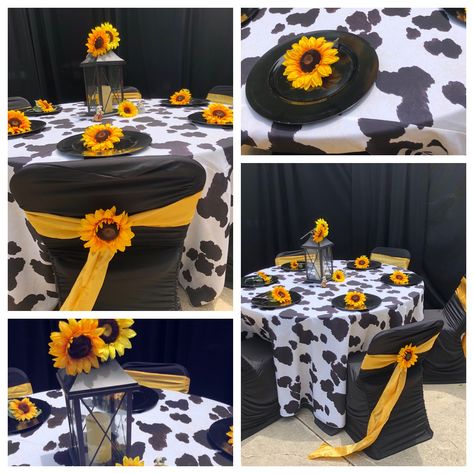 Sunflower Cow Birthday Party, Cow Print And Sunflower Wedding, Sunflower Cowgirl Party, Cow Print And Sunflowers Party, Cow Print Table Decorations, Sunflower And Cow Birthday Party, Cow Print Sweet 16 Party Ideas, Cow And Sunflower Baby Shower Theme, Cow Print Bridal Shower Ideas