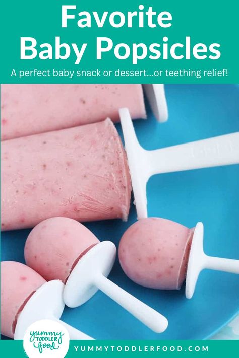 mini strawberry popsicles on blue plate for baby. Teething Popsicles Baby, Popsicles For Babies, Baby Popsicles, Blueberry Popsicles, Toddler Recipe, Fruit Ice Pops, Peach Popsicles, Banana Popsicles, Strawberry Popsicles