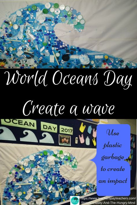 Create a Wave by recycling garbage into art. Make a stand against pollution in our oceans. This collage creates an impact. Great STEAM activity. Science and Environment. Recycled Art Projects For Kids, Pollution Activities, Ocean Art Projects, World Oceans Day, Ocean Projects, Recycled Art Projects, Ocean Pollution, Ocean Activities, Ocean Kids