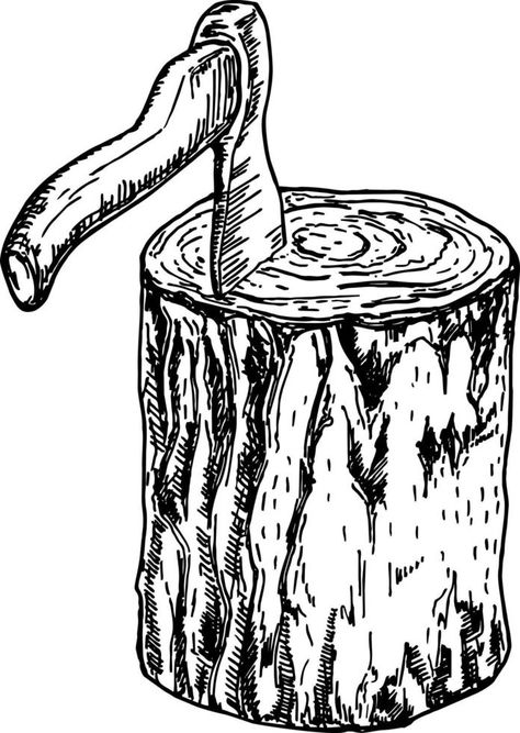 Ax in a wooden stump, illustration in a graphic style. Sketch of lumberjack ax in a wooden deck in engraving style. Design element for emblem, sign, poster, card, banner, flyer. Vector illustration Stump Illustration, Drawing Stand, Vector Snowflake, Wooden Deck, Wood Logs, Graphic Style, Wooden Decks, Game Icon, Card Banner