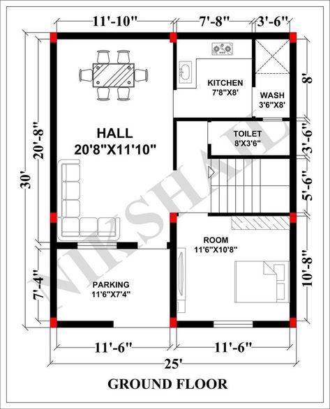 Vastu Complaint 1 Bedroom (bhk) Floor Plan For A 20 X 30 Feet Plot (600 Sq Ft Or 67 Sq Yards). Chec… 1BA 25×30 House Plan, 25x30 House Plans, Micro House Plans, 20x30 House Plans, Square House Plans, West Facing House, Budget House Plans, 20x40 House Plans, 30x40 House Plans