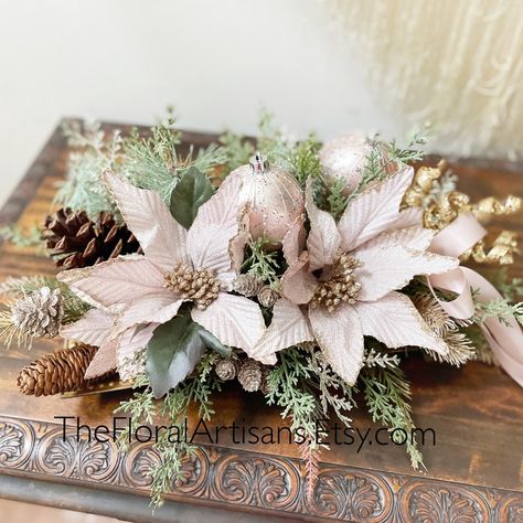 Christmas Floral Centerpiece Christmas Rose Gold Floral | Etsy Purple Christmas Wreath, Christmas Rose Gold, Holiday Centerpieces Christmas, Gala Decorations, Christmas Decorations Centerpiece, Large Floral Arrangements, Winter Centerpieces, Centerpiece Christmas, Winchester Va