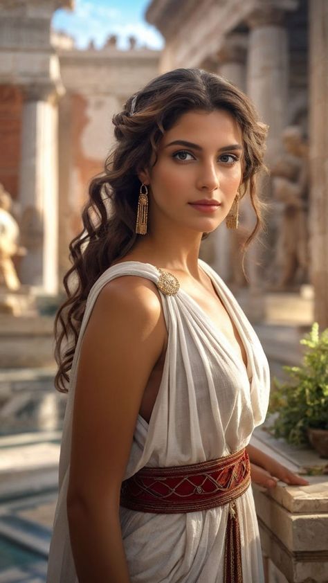 Roman Woman Hairstyles, Ancient Roman Character Design, Roman Female Clothing, Greek Goddesses Art, Greek Model Female, Roman Woman Art, Roman Goddess Aesthetic, Greek Princess Aesthetic, Female Zeus