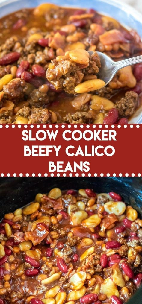 Calico Beans Crockpot, Hobo Beans Recipe, Calico Baked Beans, Calico Beans Recipe, Beans Recipe Crockpot, Calico Beans, Slow Cooker Ground Beef, Beans In Crockpot, Slow Cooker Beans