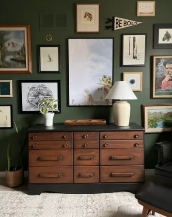 Gallery Wall Green Walls, Gallery Wall Over Crib, Corner Gallery Wall Ideas, Dark Green Kids Room, Boys Room Gallery Wall, Moody Gallery Wall Ideas, Outdoorsman Nursery, Moody Boys Bedroom, Kids Room Gallery Wall