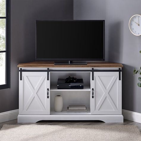 Sand & Stable Kamari TV Stand for TVs up to 58" & Reviews | Wayfair.ca Modern Farmhouse Tv Stand, Barn Door Tv Stand, Wood Entertainment Center, Farmhouse Tv, Farmhouse Tv Stand, Corner Tv Stand, Family Room Decor, Corner Tv, Small Space Living Room