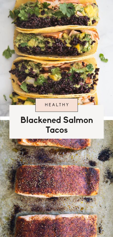 Heart-healthy blackened salmon tacos with forbidden rice and incredible mango guacamole. These blackened salmon tacos are filled with fresh flavor and plenty of protein for the perfect weeknight dinner. Options to bake or grill the salmon included with tips, plus ways to use leftovers! #seafood #grilling #salmon #healthydinner Blackened Salmon Tacos, Grilling Salmon, Mango Guacamole, Salmon Breakfast, Forbidden Rice, Salmon Tacos, Blackened Salmon, Ambitious Kitchen, Healthy Salmon