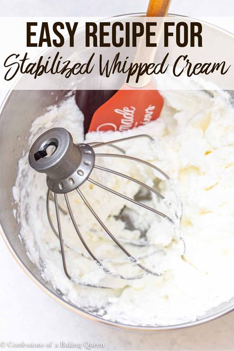 Four ingredients are all you need to make Stabilized Whipped Cream. NO GELATIN! Easy and quick, this thick fresh whipped cream is made in 5 minutes. No excuse to use the canned stuff! Perfect on top of chocolate cake, pie, cheesecake, or on top of fresh fruit. Step-by-step photos help you make this delicious topping! #whippedcream #heavycream #whippingcream #cream #homemadewhippedcream #stabilizedwhippedcream Thick Whipped Cream Recipe, Thick Whipped Cream Frosting, Sturdy Whipped Cream Frosting, Stabilized Whipped Cream Frosting, Wedding Recipes, Chipotle Salsa, Whipped Cream Icing, Frosting Ideas, Homemade Whipped Cream Recipe