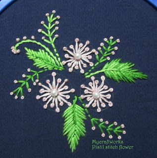 My craft works: Pistil stitch flower and MCP update Pistil Stitch Embroidery Designs, Pistil Stitch Embroidery, Pistil Stitch, Kamal Kadai, Small Motifs, Neckline Embroidery, Embroidery Patterns Flowers, Yellow Kurti, Hand Beaded Embroidery