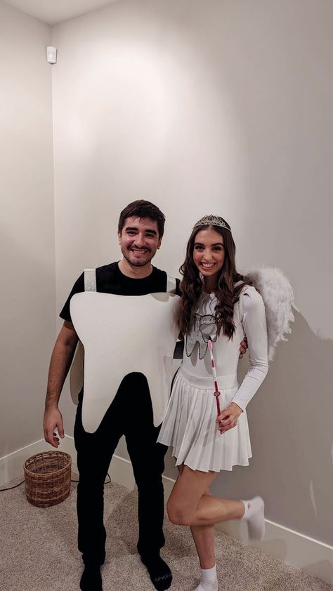 Halloween Costume Toothfairy, Tooth Fairy Family Costume, Tooth And Tooth Fairy Costume, Toothbrush And Toothpaste Costume, Tooth Costume Diy, Toothfairy Dentist Costume, Tooth Fairy Couple Costume, Couple Halloween Costumes Brown Hair, Fairy Costume Couple